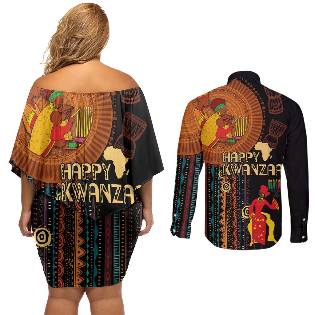 Happy Kwanzaa African Tribal Pattern Couples Matching Off Shoulder Short Dress and Long Sleeve Button Shirt - Wonder Print Shop