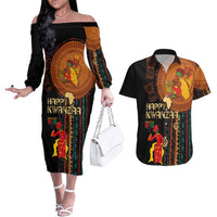 Happy Kwanzaa African Tribal Pattern Couples Matching Off The Shoulder Long Sleeve Dress and Hawaiian Shirt - Wonder Print Shop