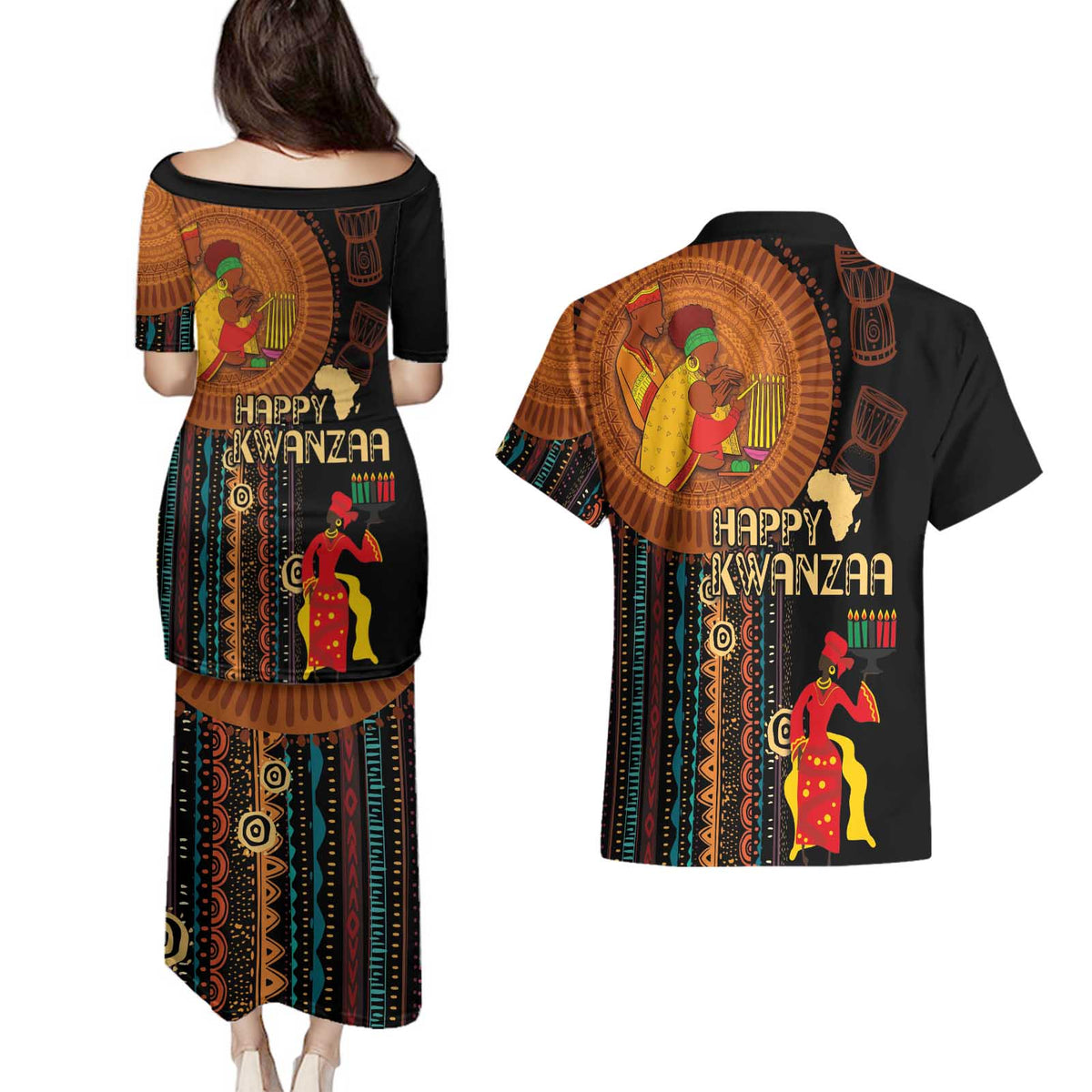 Happy Kwanzaa African Tribal Pattern Couples Matching Puletasi and Hawaiian Shirt - Wonder Print Shop
