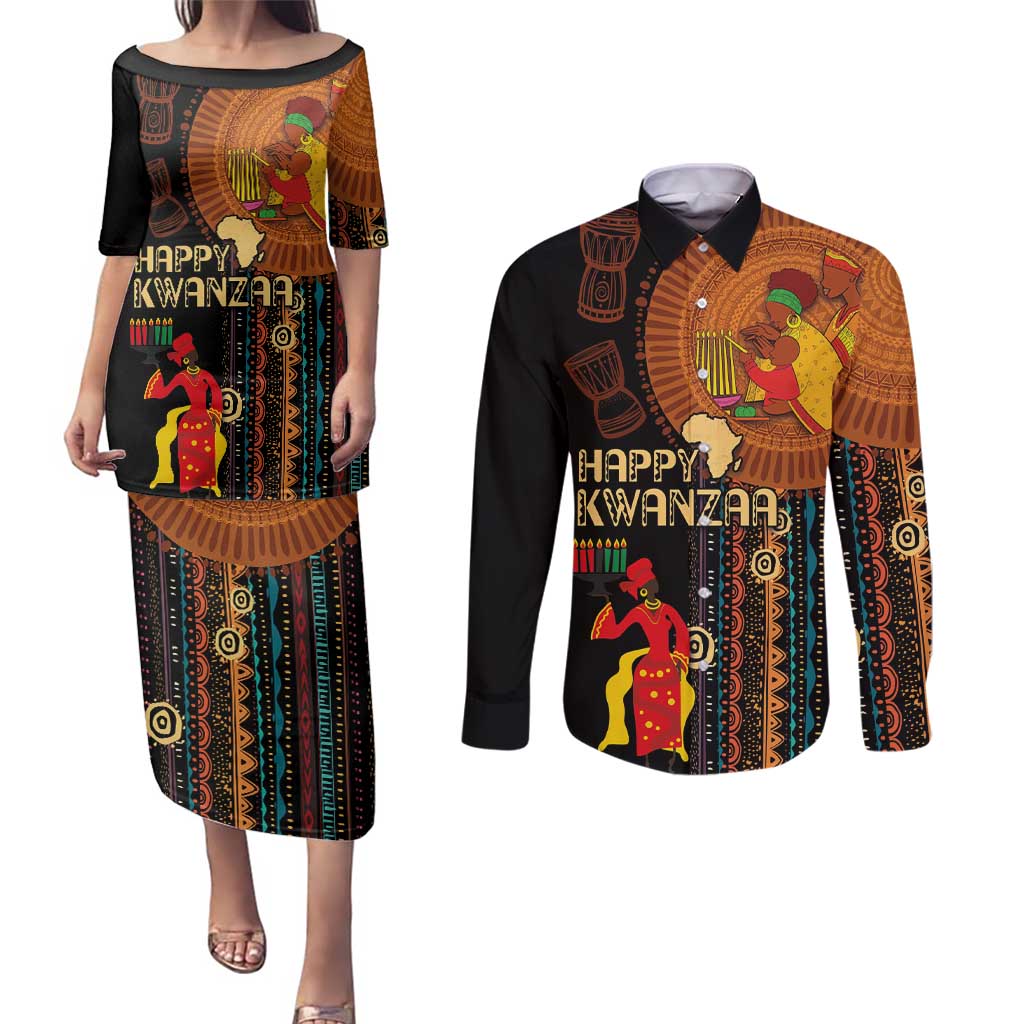 Happy Kwanzaa African Tribal Pattern Couples Matching Puletasi and Long Sleeve Button Shirt - Wonder Print Shop