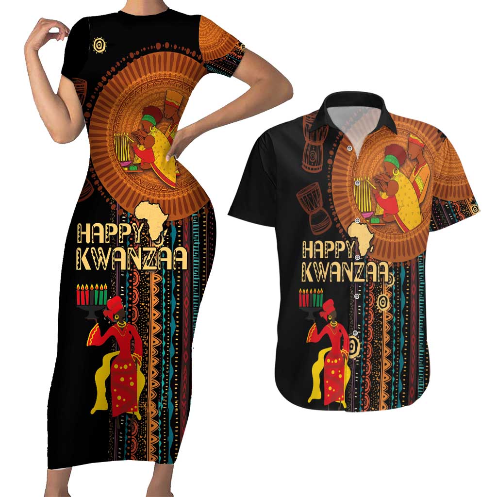 Happy Kwanzaa African Tribal Pattern Couples Matching Short Sleeve Bodycon Dress and Hawaiian Shirt - Wonder Print Shop