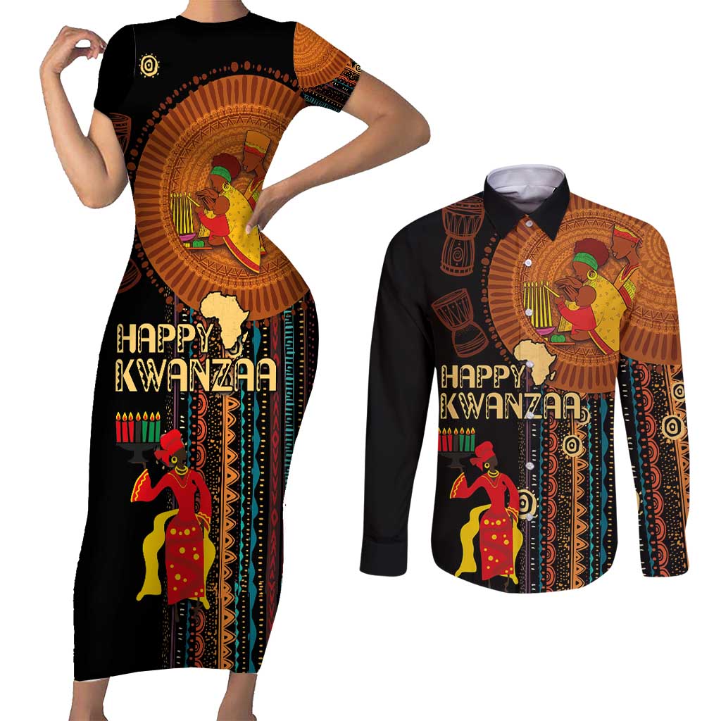 Happy Kwanzaa African Tribal Pattern Couples Matching Short Sleeve Bodycon Dress and Long Sleeve Button Shirt - Wonder Print Shop