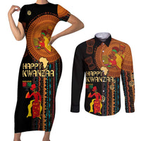 Happy Kwanzaa African Tribal Pattern Couples Matching Short Sleeve Bodycon Dress and Long Sleeve Button Shirt - Wonder Print Shop