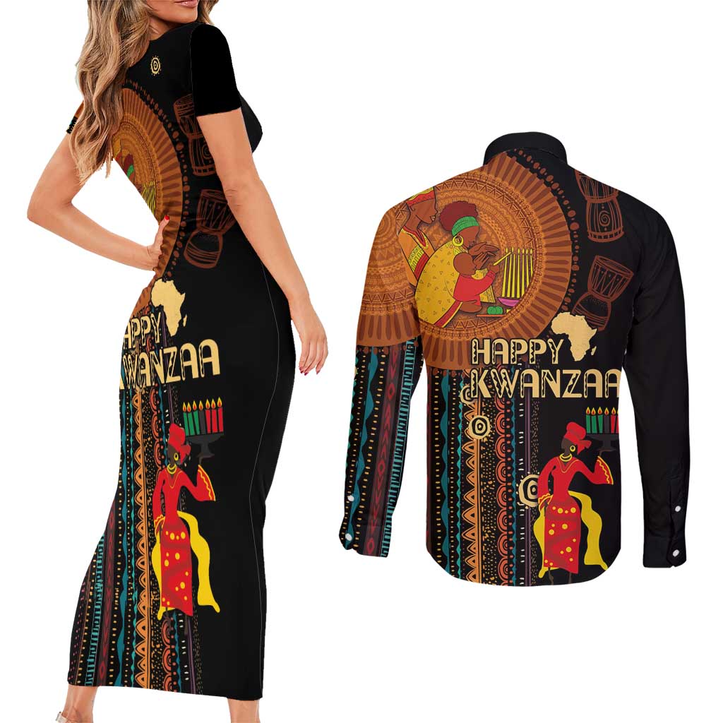 Happy Kwanzaa African Tribal Pattern Couples Matching Short Sleeve Bodycon Dress and Long Sleeve Button Shirt - Wonder Print Shop