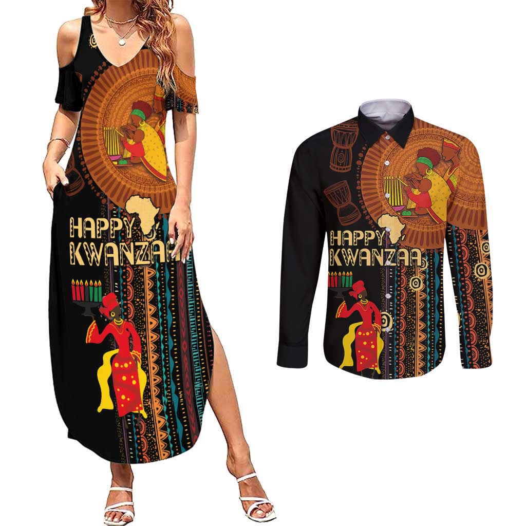 Happy Kwanzaa African Tribal Pattern Couples Matching Summer Maxi Dress and Long Sleeve Button Shirt - Wonder Print Shop