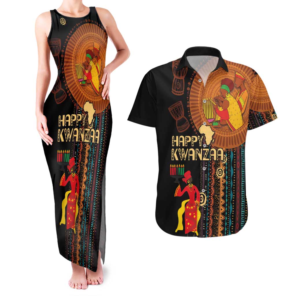 Happy Kwanzaa African Tribal Pattern Couples Matching Tank Maxi Dress and Hawaiian Shirt - Wonder Print Shop