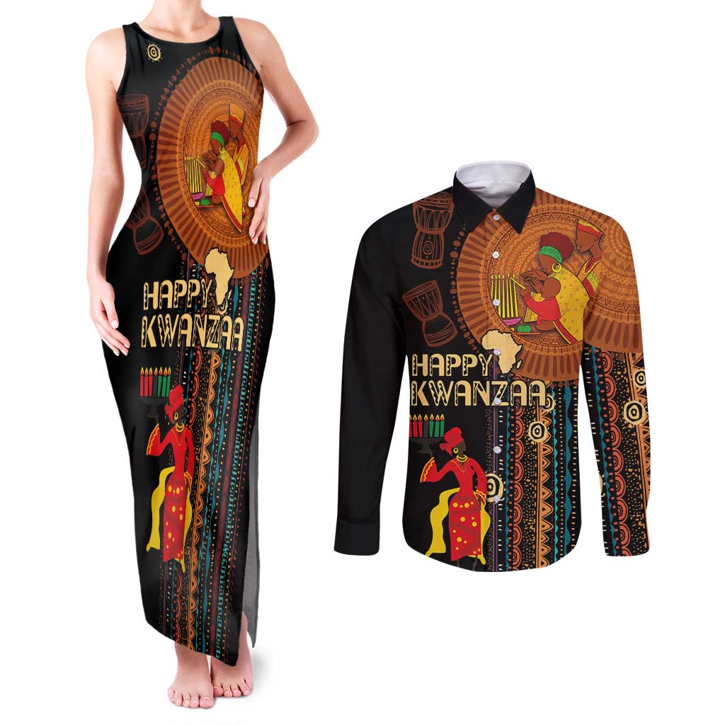 Happy Kwanzaa African Tribal Pattern Couples Matching Tank Maxi Dress and Long Sleeve Button Shirt - Wonder Print Shop