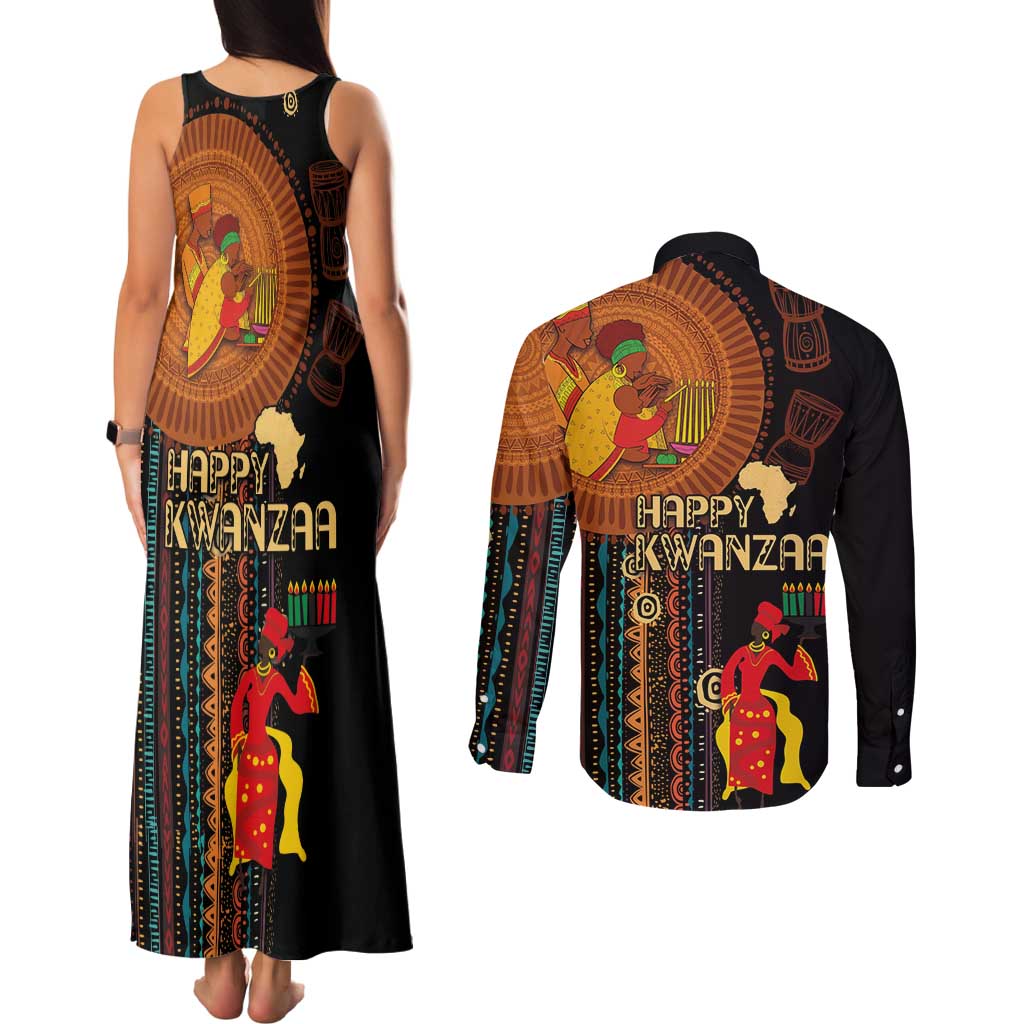 Happy Kwanzaa African Tribal Pattern Couples Matching Tank Maxi Dress and Long Sleeve Button Shirt - Wonder Print Shop
