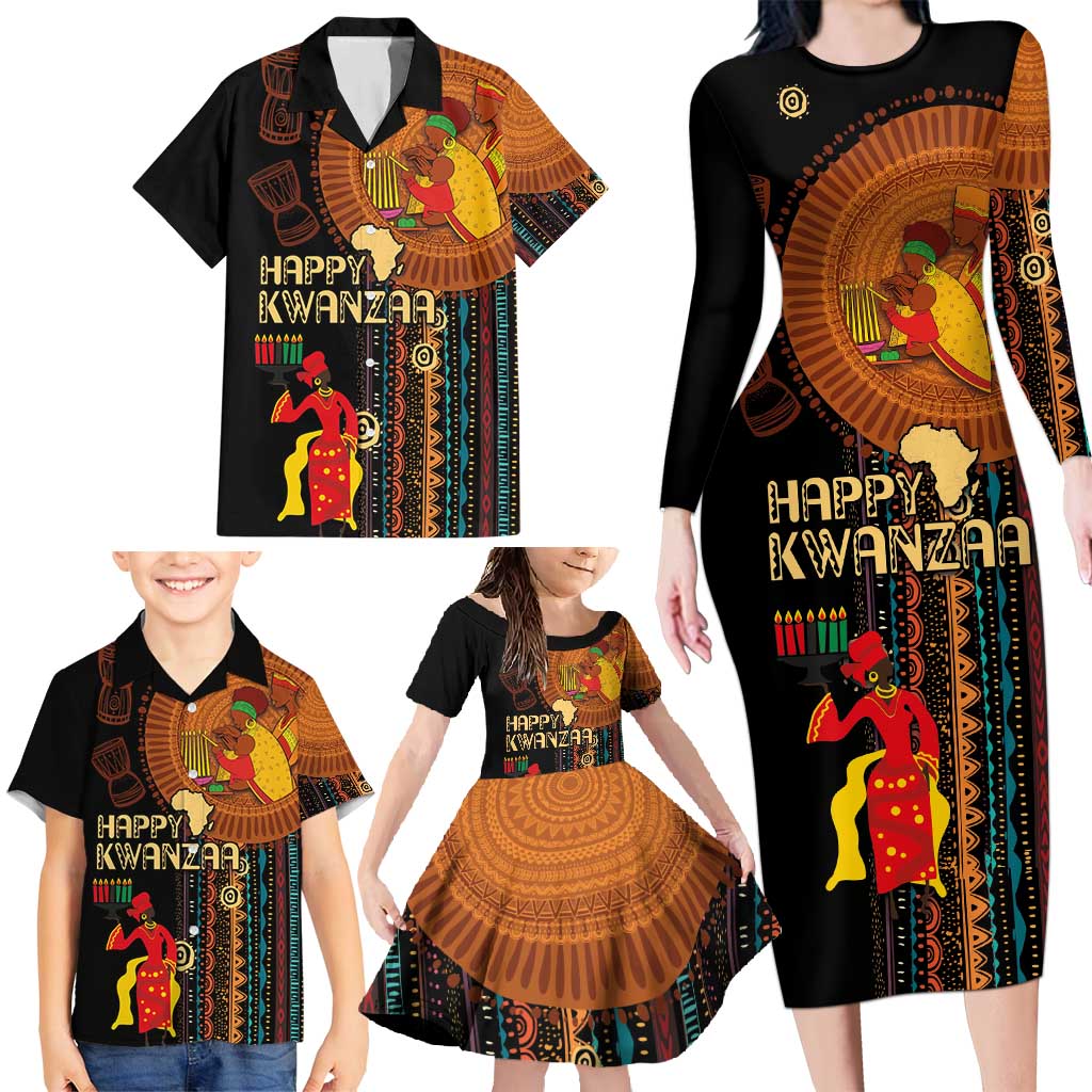Happy Kwanzaa African Tribal Pattern Family Matching Long Sleeve Bodycon Dress and Hawaiian Shirt - Wonder Print Shop