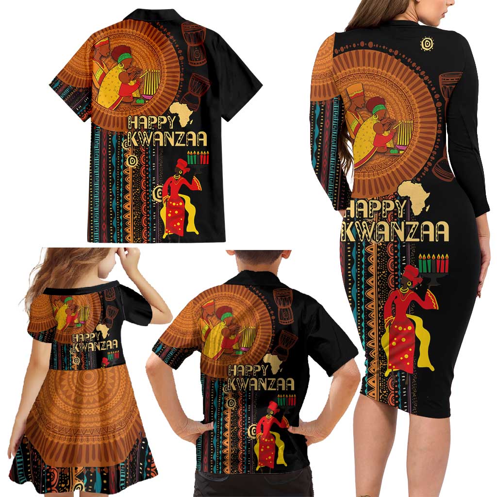 Happy Kwanzaa African Tribal Pattern Family Matching Long Sleeve Bodycon Dress and Hawaiian Shirt - Wonder Print Shop