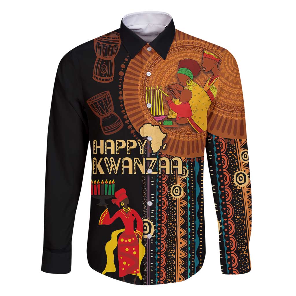 Happy Kwanzaa African Tribal Pattern Family Matching Long Sleeve Bodycon Dress and Hawaiian Shirt - Wonder Print Shop