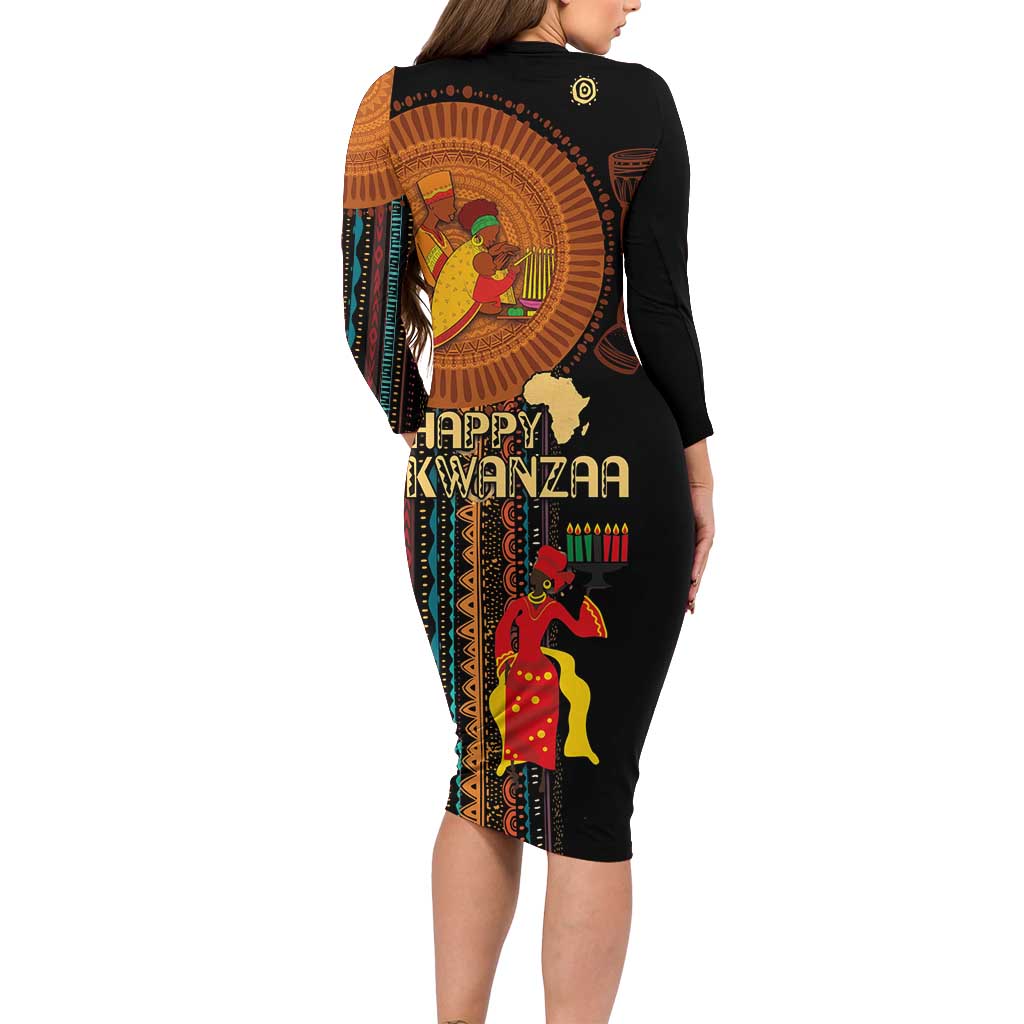 Happy Kwanzaa African Tribal Pattern Family Matching Long Sleeve Bodycon Dress and Hawaiian Shirt - Wonder Print Shop