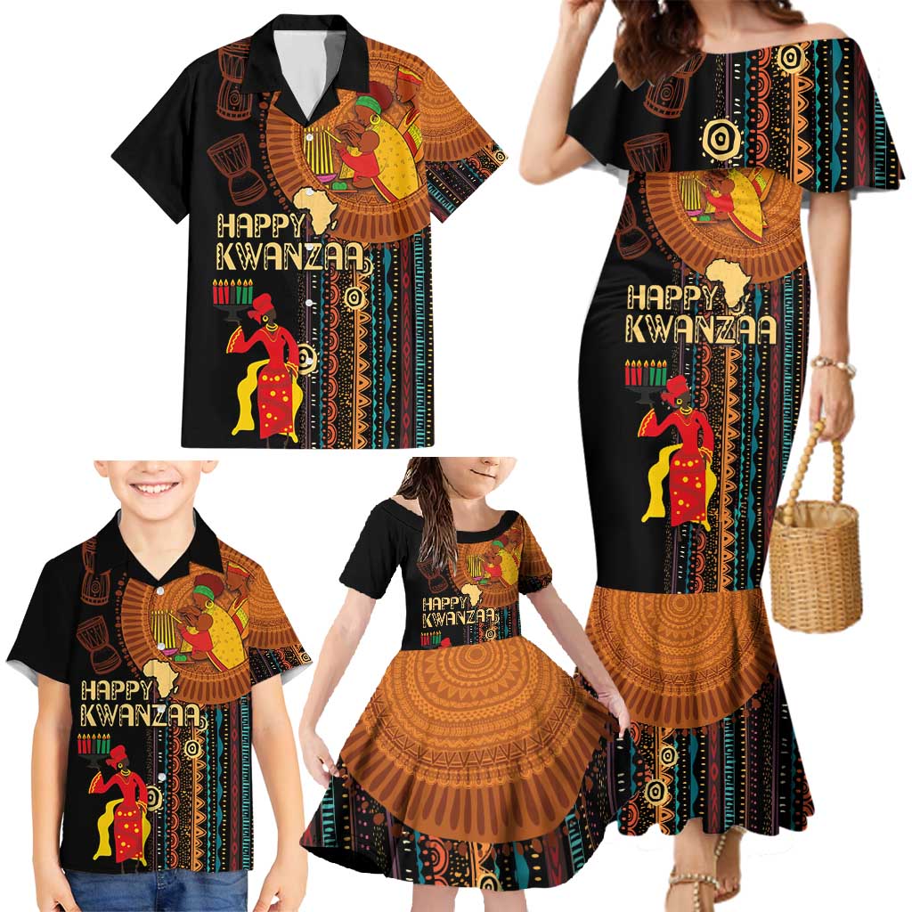 Happy Kwanzaa African Tribal Pattern Family Matching Mermaid Dress and Hawaiian Shirt - Wonder Print Shop