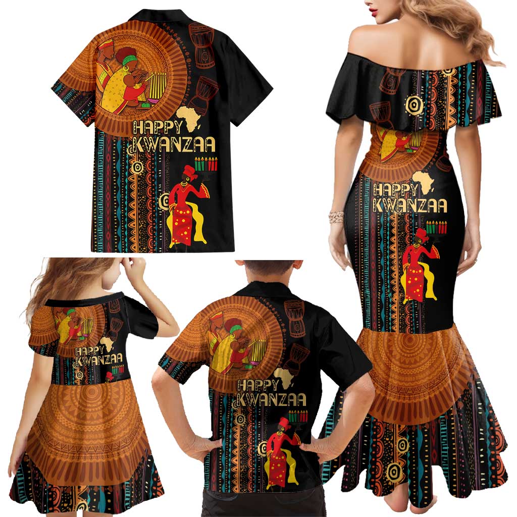 Happy Kwanzaa African Tribal Pattern Family Matching Mermaid Dress and Hawaiian Shirt - Wonder Print Shop