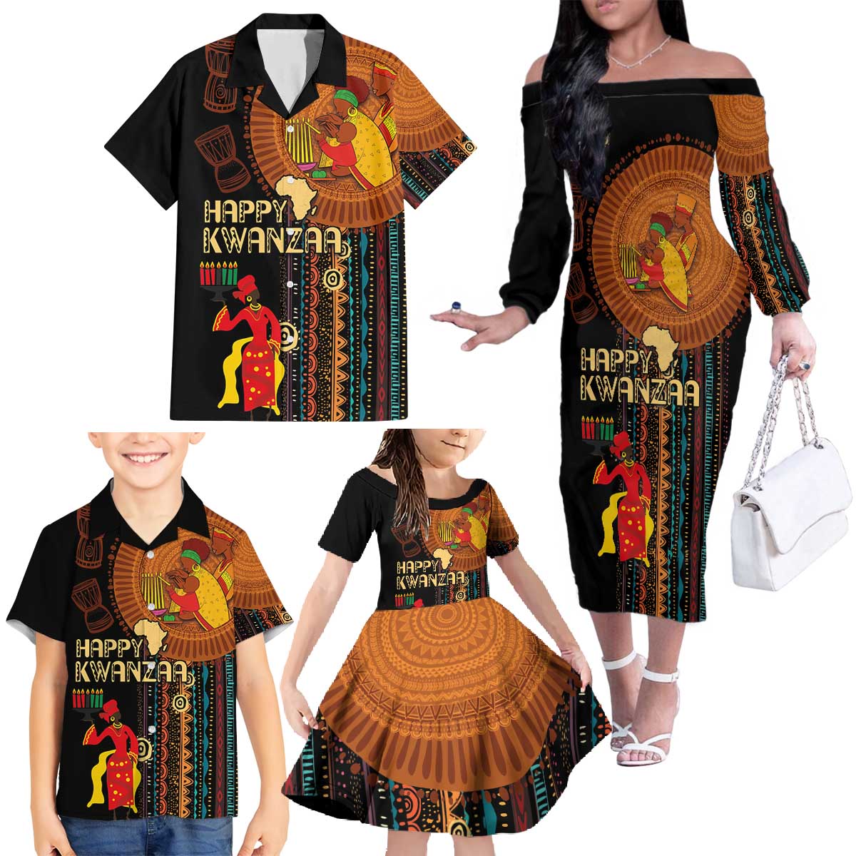 Happy Kwanzaa African Tribal Pattern Family Matching Off The Shoulder Long Sleeve Dress and Hawaiian Shirt - Wonder Print Shop