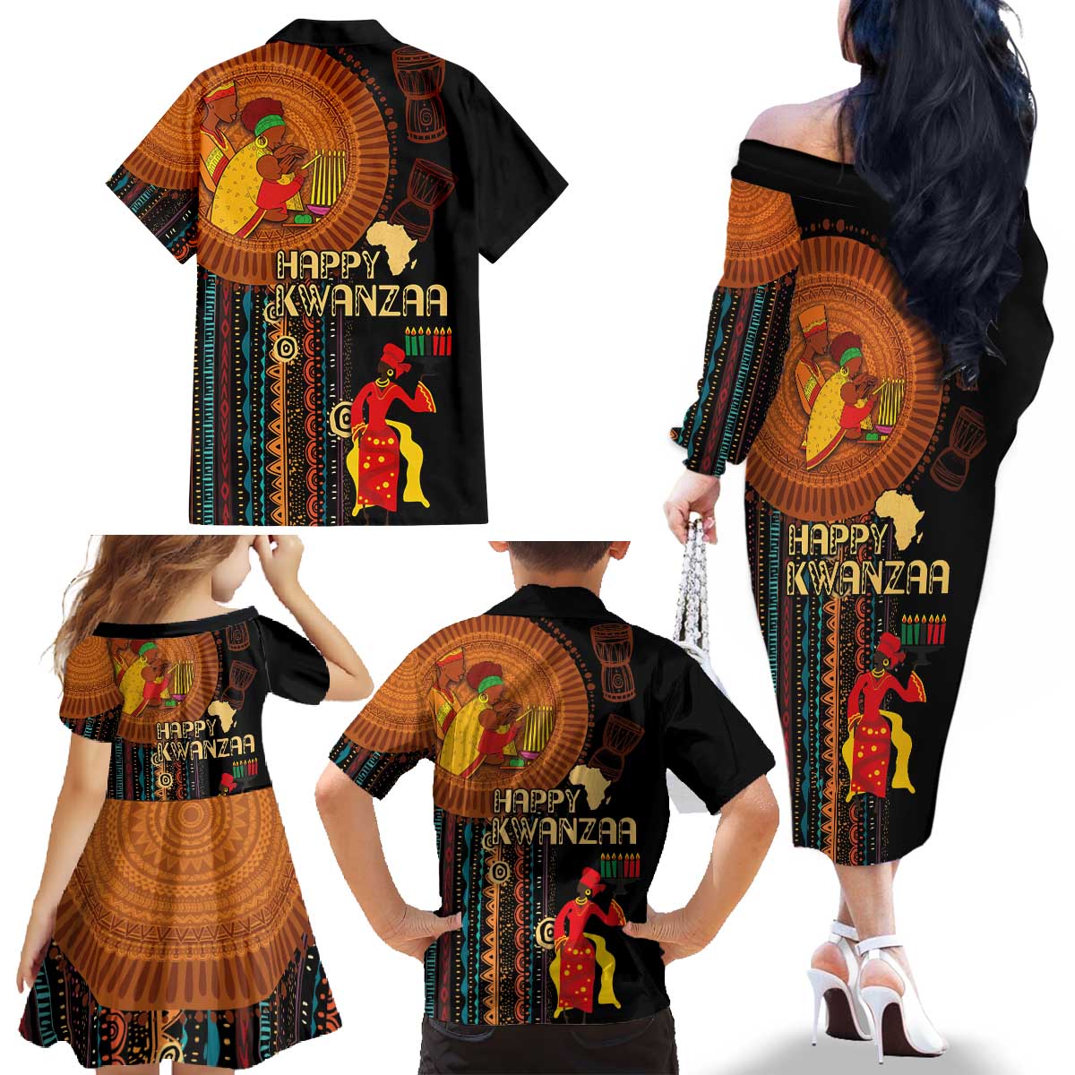 Happy Kwanzaa African Tribal Pattern Family Matching Off The Shoulder Long Sleeve Dress and Hawaiian Shirt - Wonder Print Shop