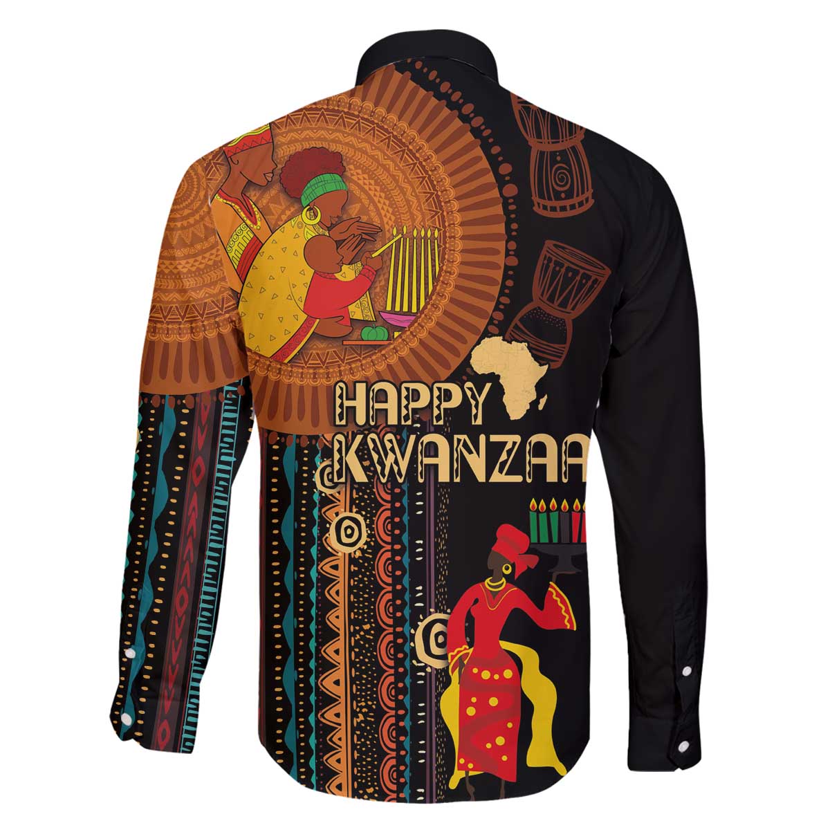 Happy Kwanzaa African Tribal Pattern Family Matching Off The Shoulder Long Sleeve Dress and Hawaiian Shirt - Wonder Print Shop