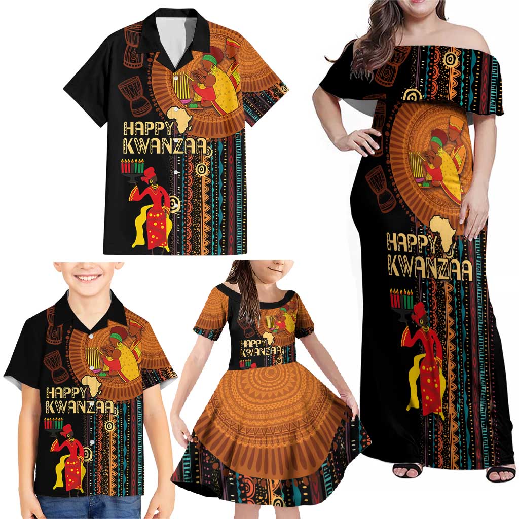 Happy Kwanzaa African Tribal Pattern Family Matching Off Shoulder Maxi Dress and Hawaiian Shirt - Wonder Print Shop
