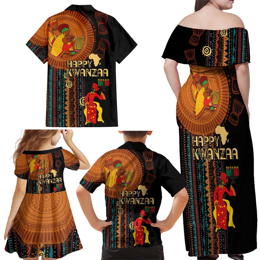 Happy Kwanzaa African Tribal Pattern Family Matching Off Shoulder Maxi Dress and Hawaiian Shirt - Wonder Print Shop