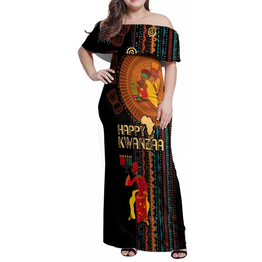 Happy Kwanzaa African Tribal Pattern Family Matching Off Shoulder Maxi Dress and Hawaiian Shirt - Wonder Print Shop