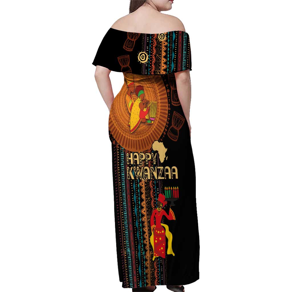 Happy Kwanzaa African Tribal Pattern Family Matching Off Shoulder Maxi Dress and Hawaiian Shirt - Wonder Print Shop
