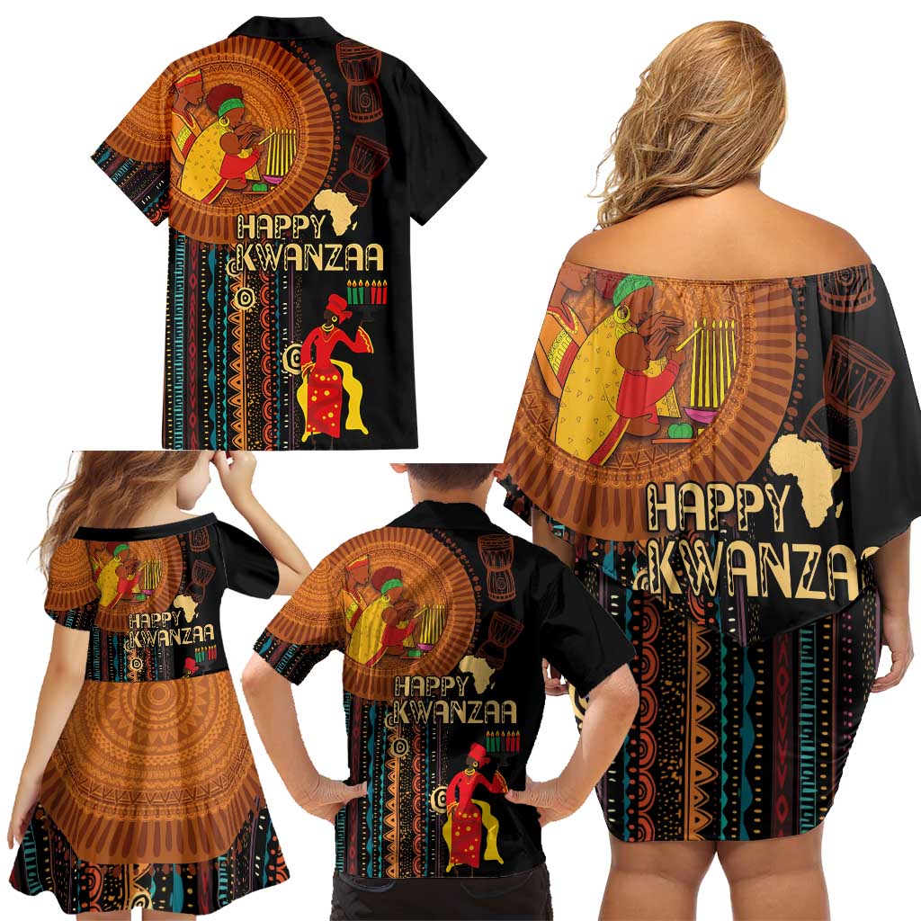 Happy Kwanzaa African Tribal Pattern Family Matching Off Shoulder Short Dress and Hawaiian Shirt - Wonder Print Shop