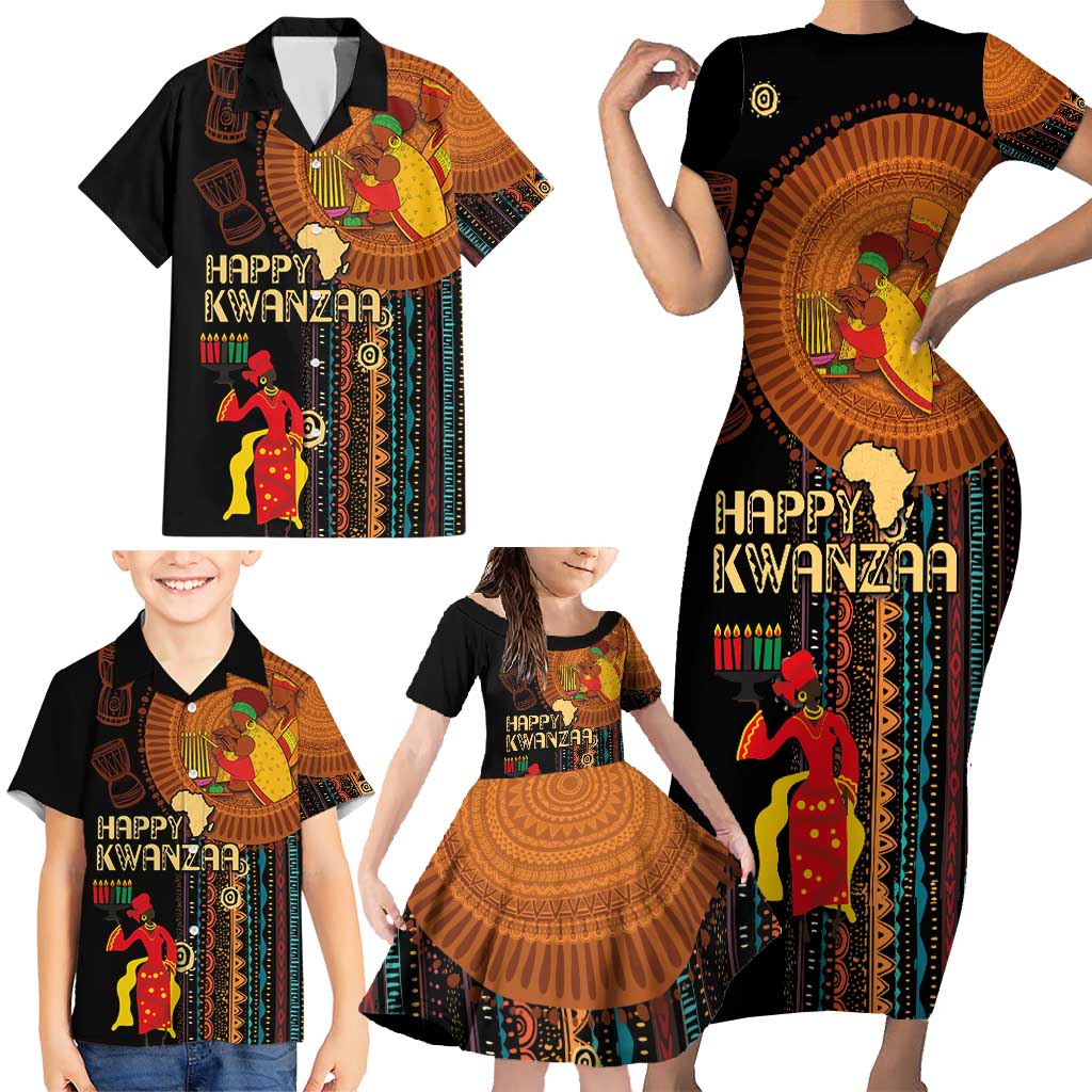 Happy Kwanzaa African Tribal Pattern Family Matching Short Sleeve Bodycon  Dress and Hawaiian Shirt