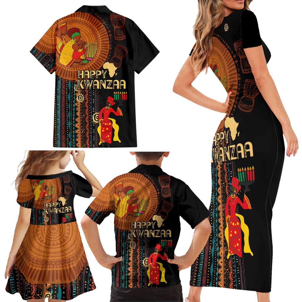 Happy Kwanzaa African Tribal Pattern Family Matching Short Sleeve Bodycon Dress and Hawaiian Shirt - Wonder Print Shop