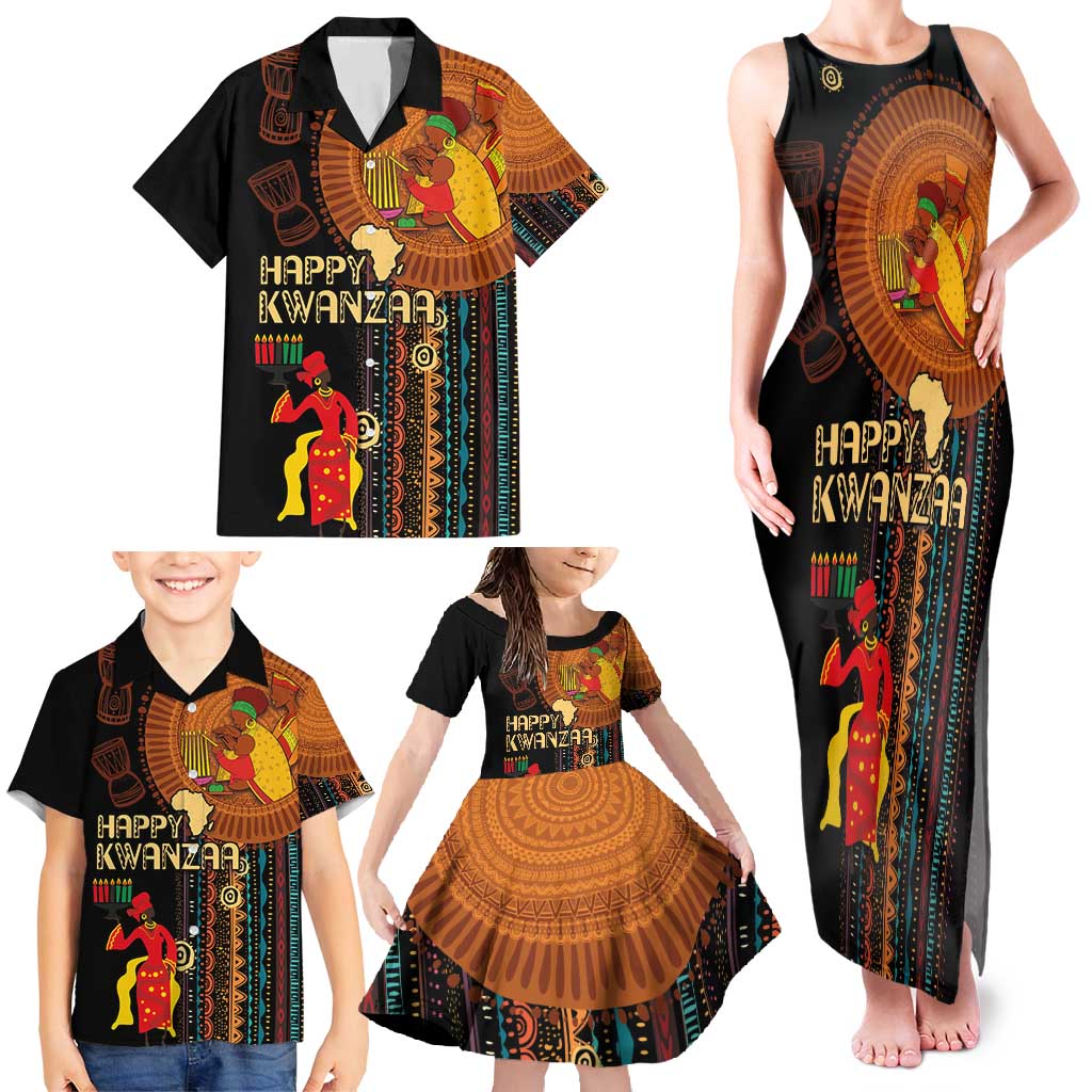 Happy Kwanzaa African Tribal Pattern Family Matching Tank Maxi Dress and Hawaiian Shirt - Wonder Print Shop