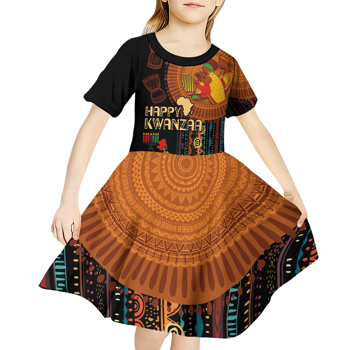 Happy Kwanzaa African Tribal Pattern Kid Short Sleeve Dress - Wonder Print Shop