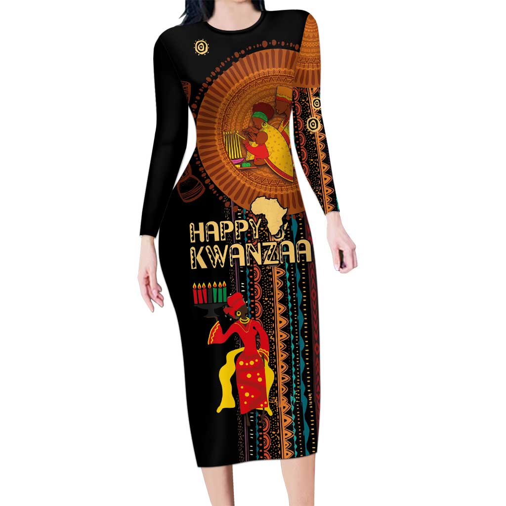 Happy Kwanzaa African Tribal Pattern Long Sleeve Bodycon Dress - Wonder Print Shop