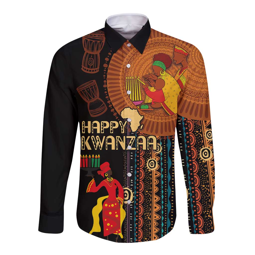 Happy Kwanzaa African Tribal Pattern Long Sleeve Button Shirt - Wonder Print Shop