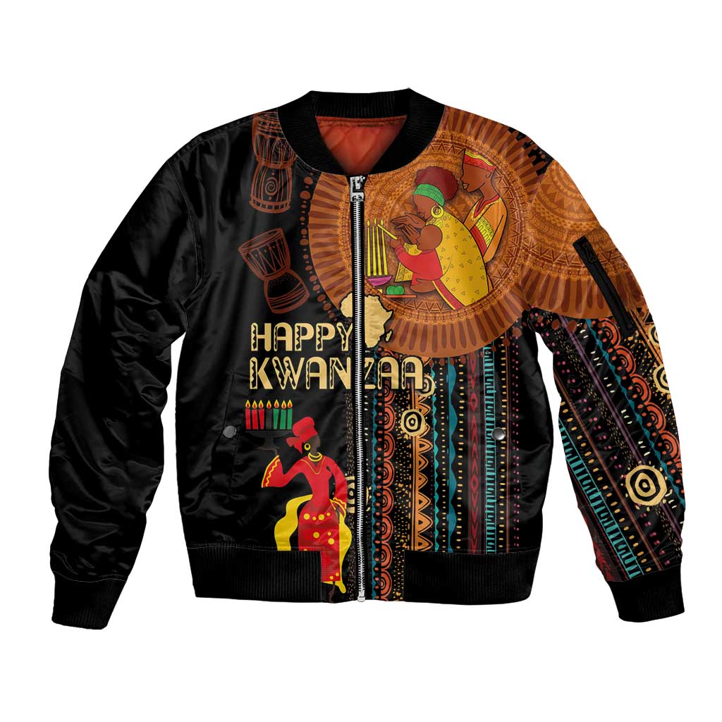 Happy Kwanzaa African Tribal Pattern Sleeve Zip Bomber Jacket - Wonder Print Shop