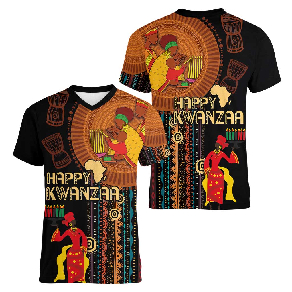 Happy Kwanzaa African Tribal Pattern Women V-Neck T-Shirt - Wonder Print Shop
