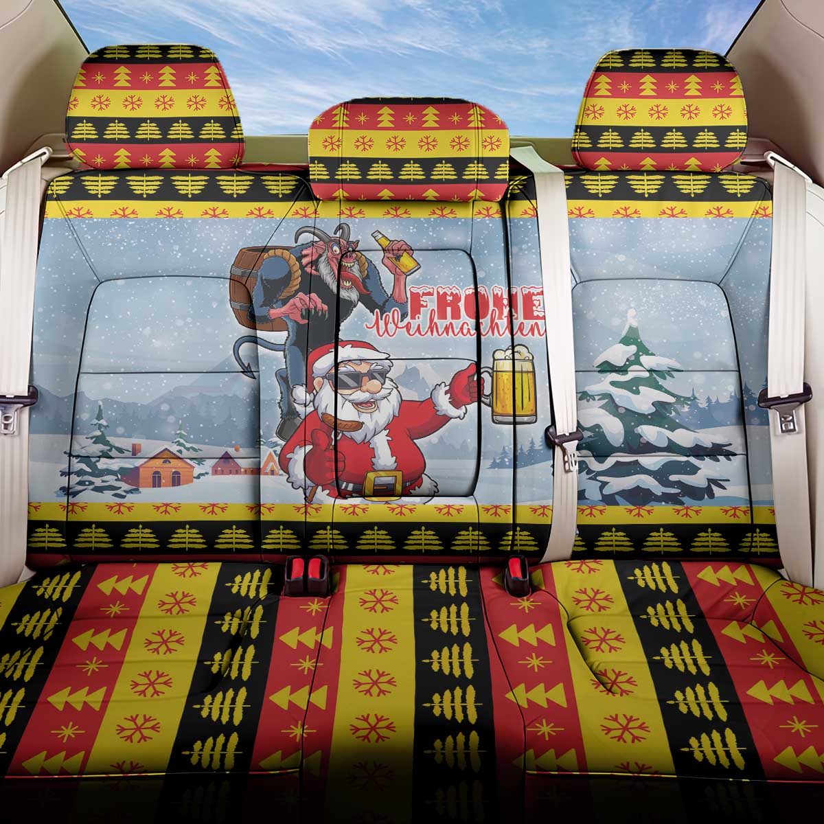Deutschland Frohe Weihnachten Back Car Seat Cover Funny Der Weihnachtsmann and Krampus Drink Beer Together - Wonder Print Shop