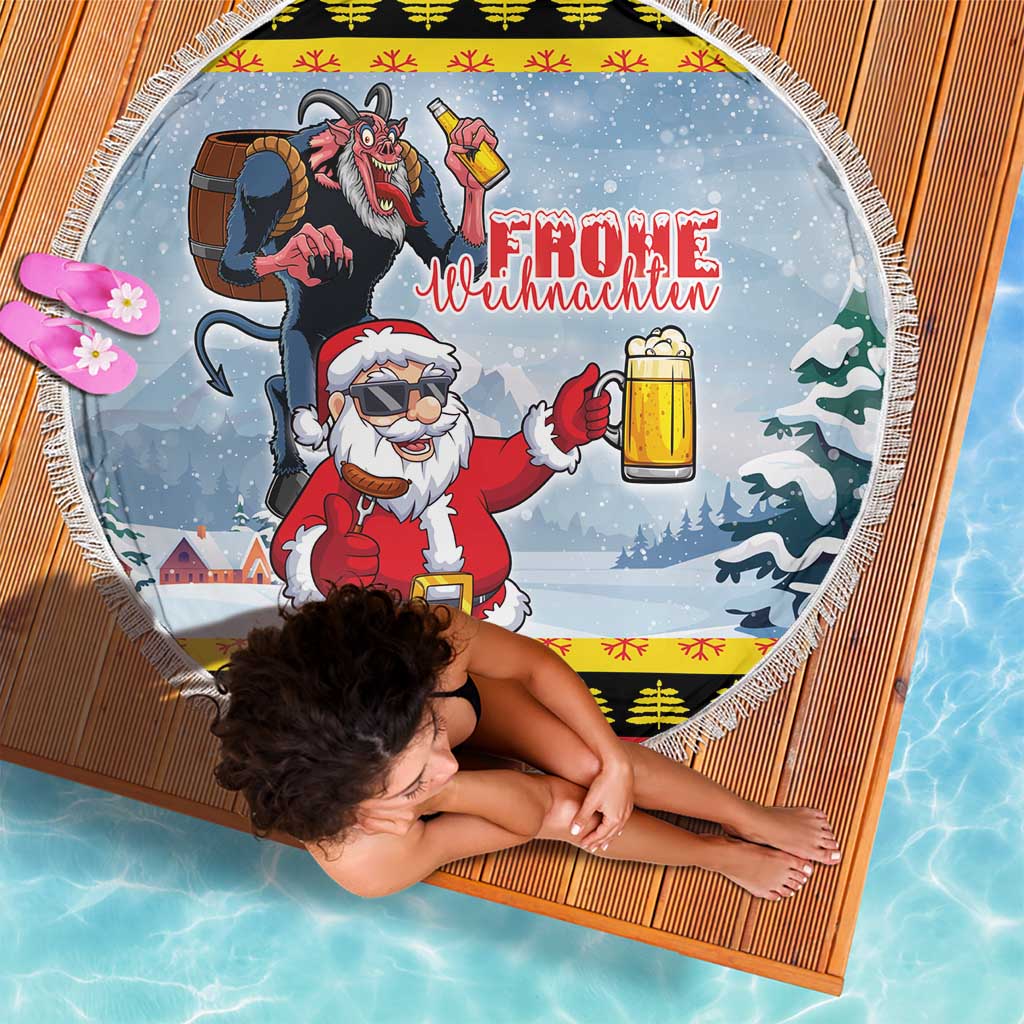 Deutschland Frohe Weihnachten Beach Blanket Funny Der Weihnachtsmann and Krampus Drink Beer Together - Wonder Print Shop