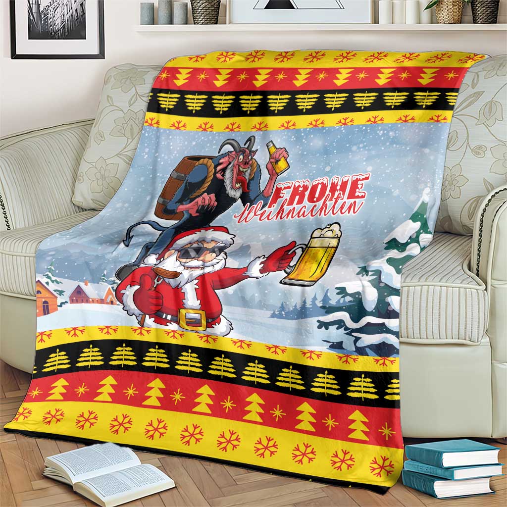 Deutschland Frohe Weihnachten Blanket Funny Santa Claus and Krampus Drink Beer Together