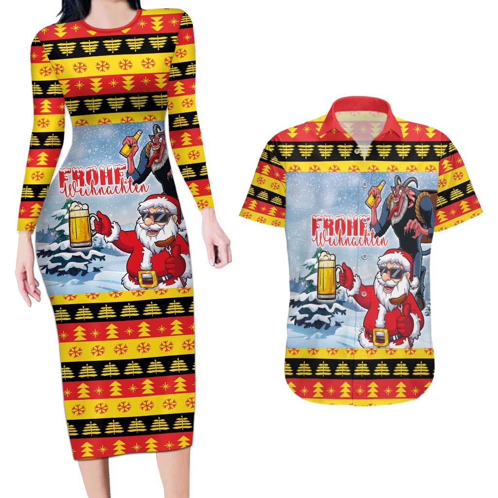 Deutschland Frohe Weihnachten Couples Matching Long Sleeve Bodycon Dress and Hawaiian Shirt Funny Der Weihnachtsmann and Krampus Drink Beer Together - Wonder Print Shop