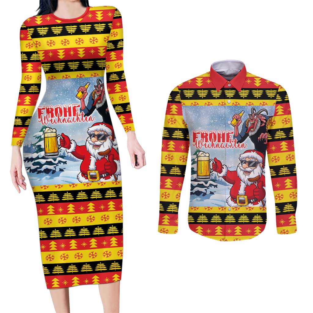 Deutschland Frohe Weihnachten Couples Matching Long Sleeve Bodycon Dress and Long Sleeve Button Shirt Funny Der Weihnachtsmann and Krampus Drink Beer Together - Wonder Print Shop