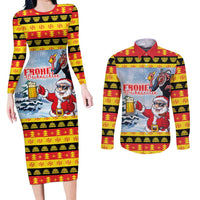 Deutschland Frohe Weihnachten Couples Matching Long Sleeve Bodycon Dress and Long Sleeve Button Shirt Funny Der Weihnachtsmann and Krampus Drink Beer Together - Wonder Print Shop