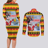 Deutschland Frohe Weihnachten Couples Matching Long Sleeve Bodycon Dress and Long Sleeve Button Shirt Funny Der Weihnachtsmann and Krampus Drink Beer Together - Wonder Print Shop