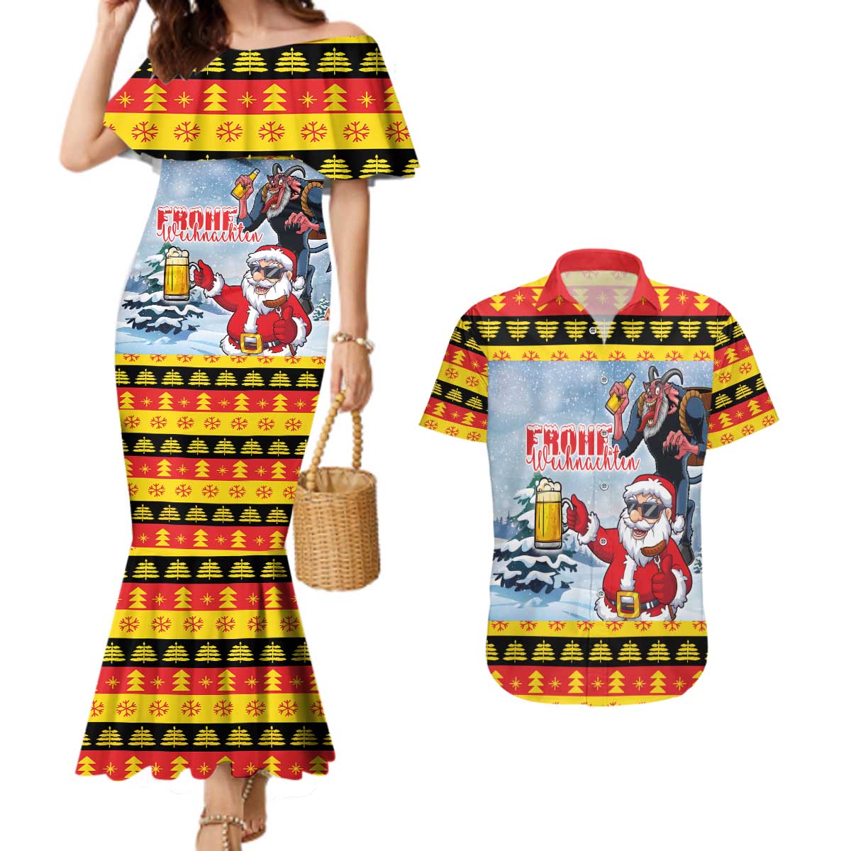 Deutschland Frohe Weihnachten Couples Matching Mermaid Dress and Hawaiian Shirt Funny Der Weihnachtsmann and Krampus Drink Beer Together - Wonder Print Shop