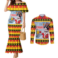 Deutschland Frohe Weihnachten Couples Matching Mermaid Dress and Long Sleeve Button Shirt Funny Santa Claus and Krampus Drink Beer Together