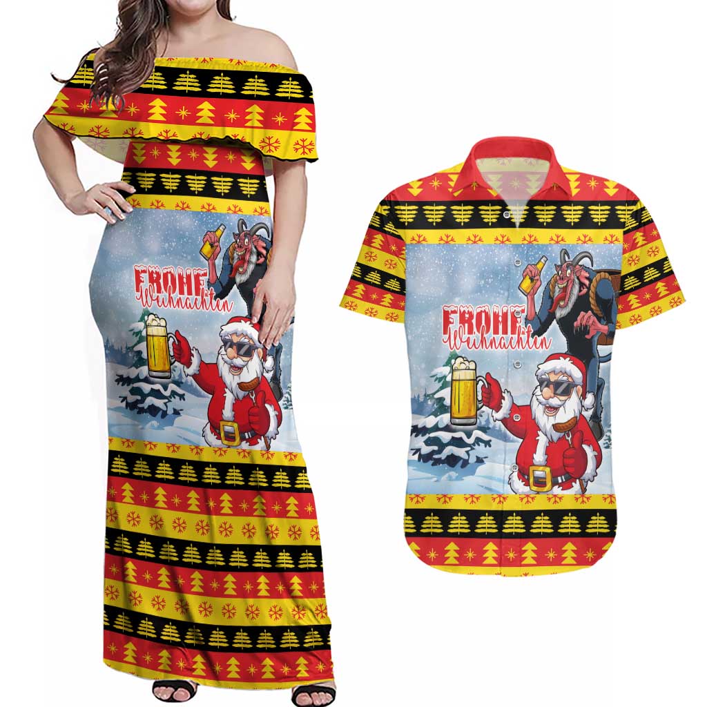 Deutschland Frohe Weihnachten Couples Matching Off Shoulder Maxi Dress and Hawaiian Shirt Funny Der Weihnachtsmann and Krampus Drink Beer Together - Wonder Print Shop