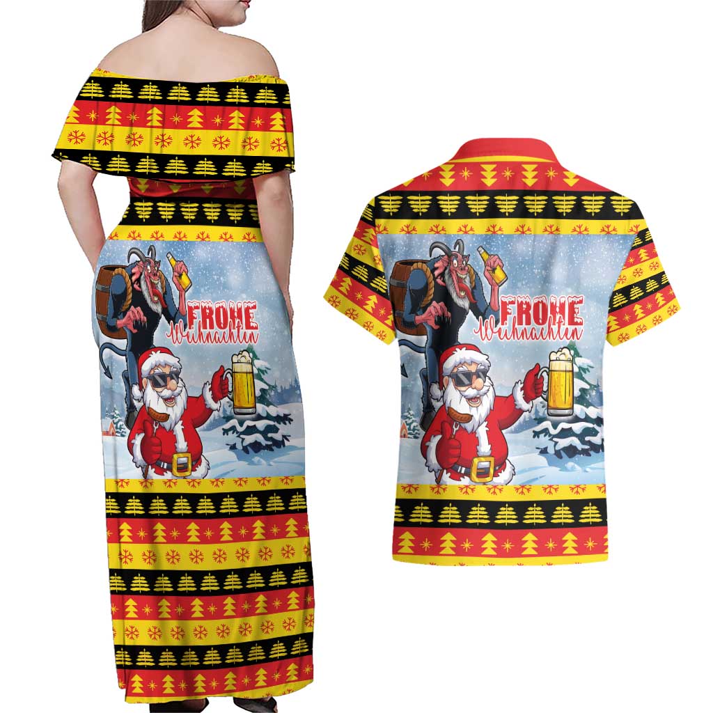 Deutschland Frohe Weihnachten Couples Matching Off Shoulder Maxi Dress and Hawaiian Shirt Funny Der Weihnachtsmann and Krampus Drink Beer Together - Wonder Print Shop