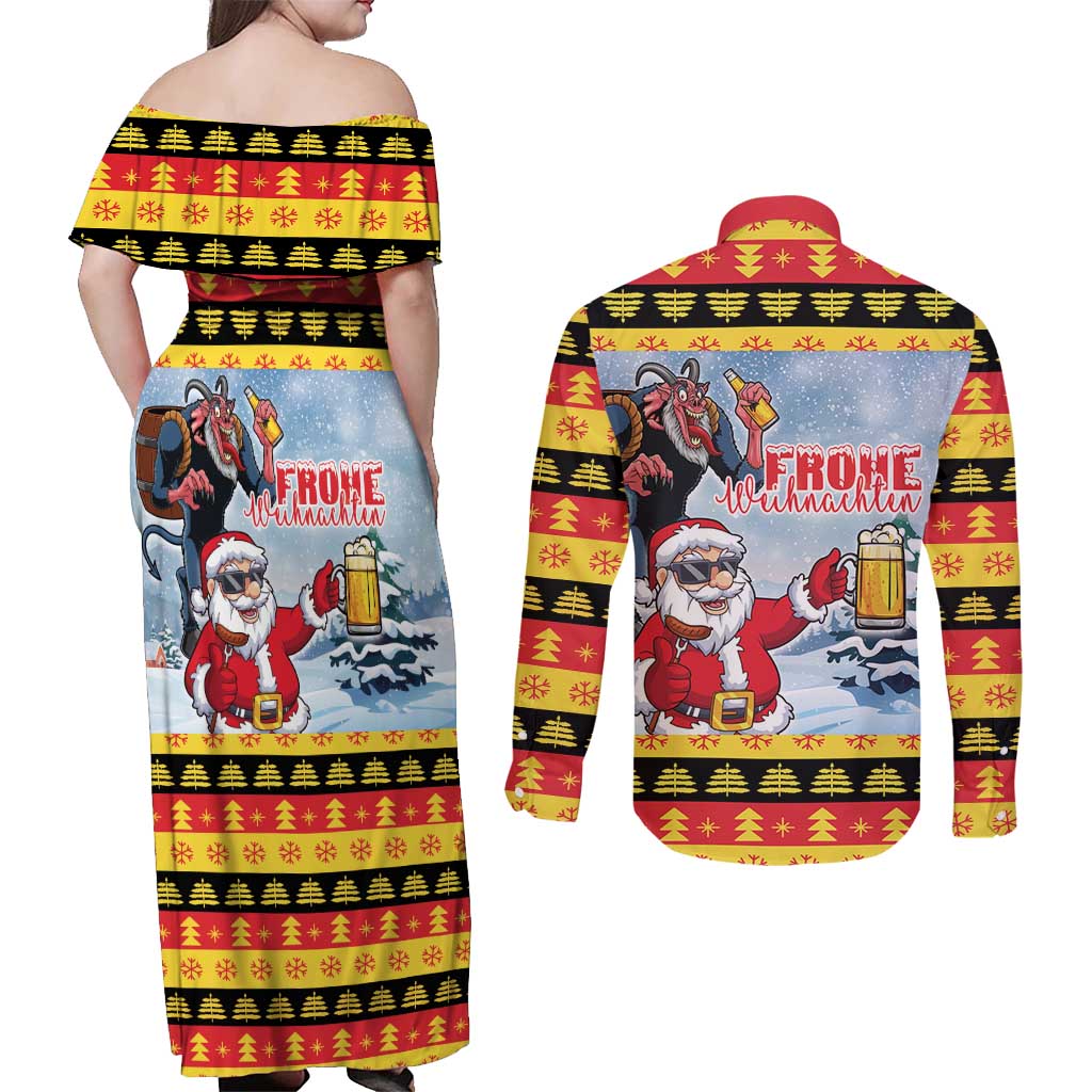 Deutschland Frohe Weihnachten Couples Matching Off Shoulder Maxi Dress and Long Sleeve Button Shirt Funny Der Weihnachtsmann and Krampus Drink Beer Together - Wonder Print Shop