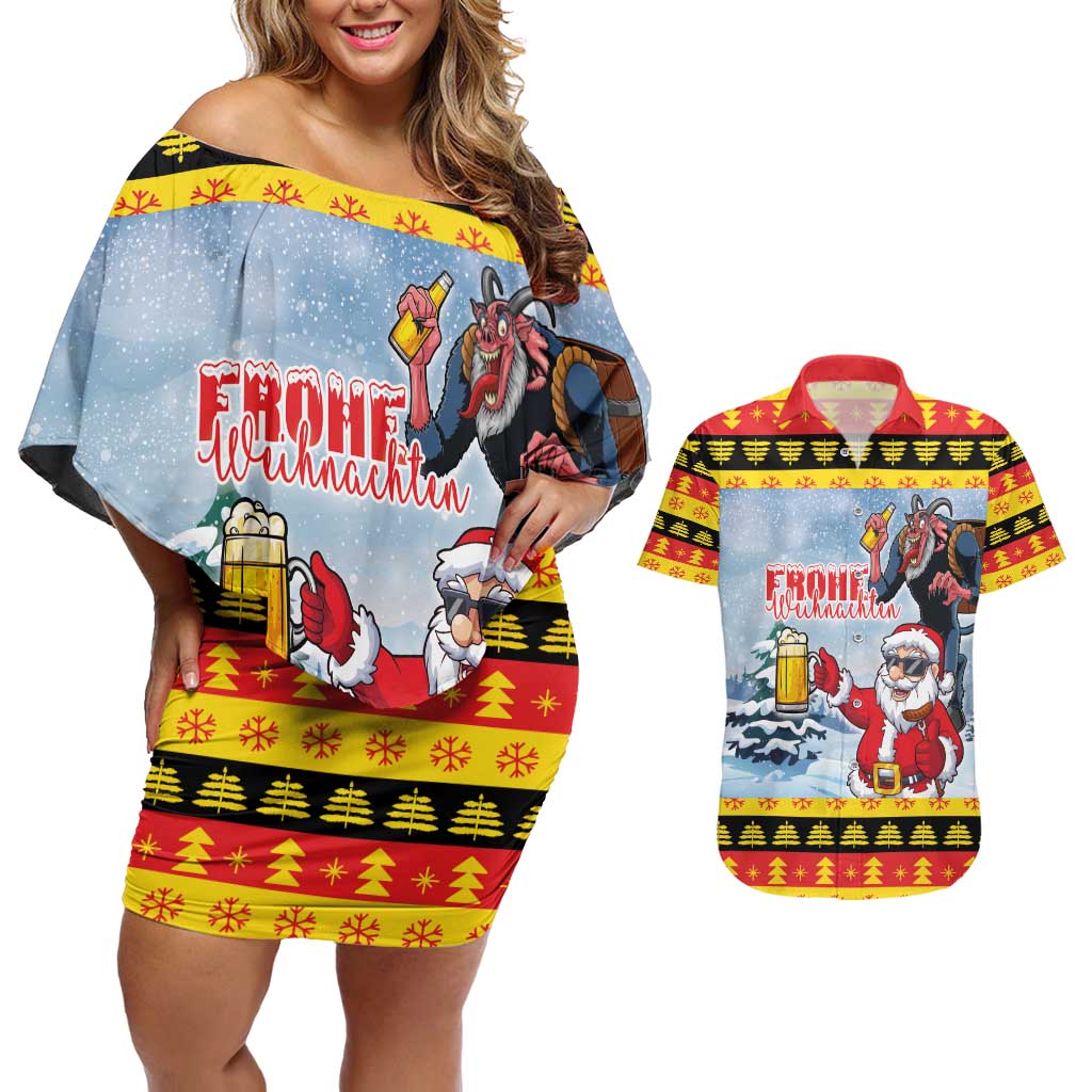 Deutschland Frohe Weihnachten Couples Matching Off Shoulder Short Dress and Hawaiian Shirt Funny Der Weihnachtsmann and Krampus Drink Beer Together - Wonder Print Shop