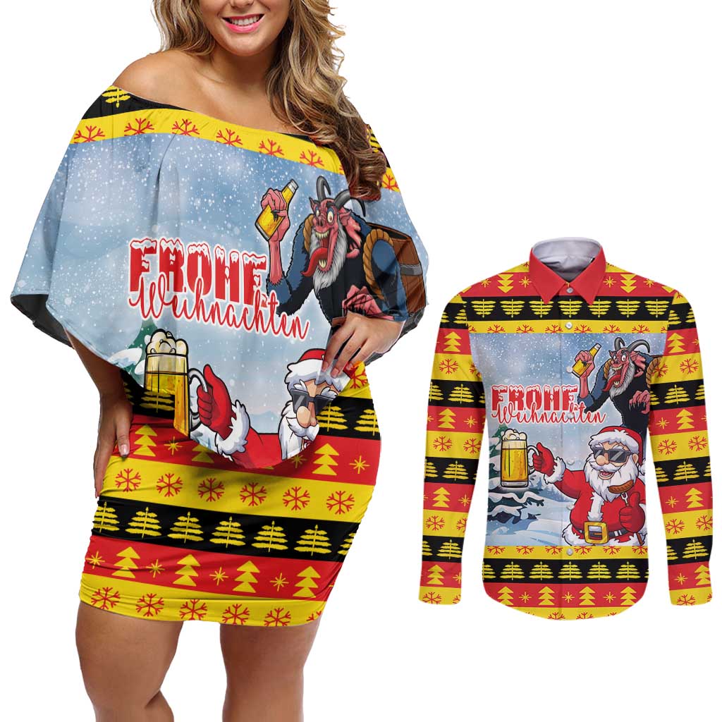 Deutschland Frohe Weihnachten Couples Matching Off Shoulder Short Dress and Long Sleeve Button Shirt Funny Der Weihnachtsmann and Krampus Drink Beer Together - Wonder Print Shop