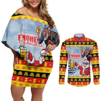 Deutschland Frohe Weihnachten Couples Matching Off Shoulder Short Dress and Long Sleeve Button Shirt Funny Der Weihnachtsmann and Krampus Drink Beer Together - Wonder Print Shop