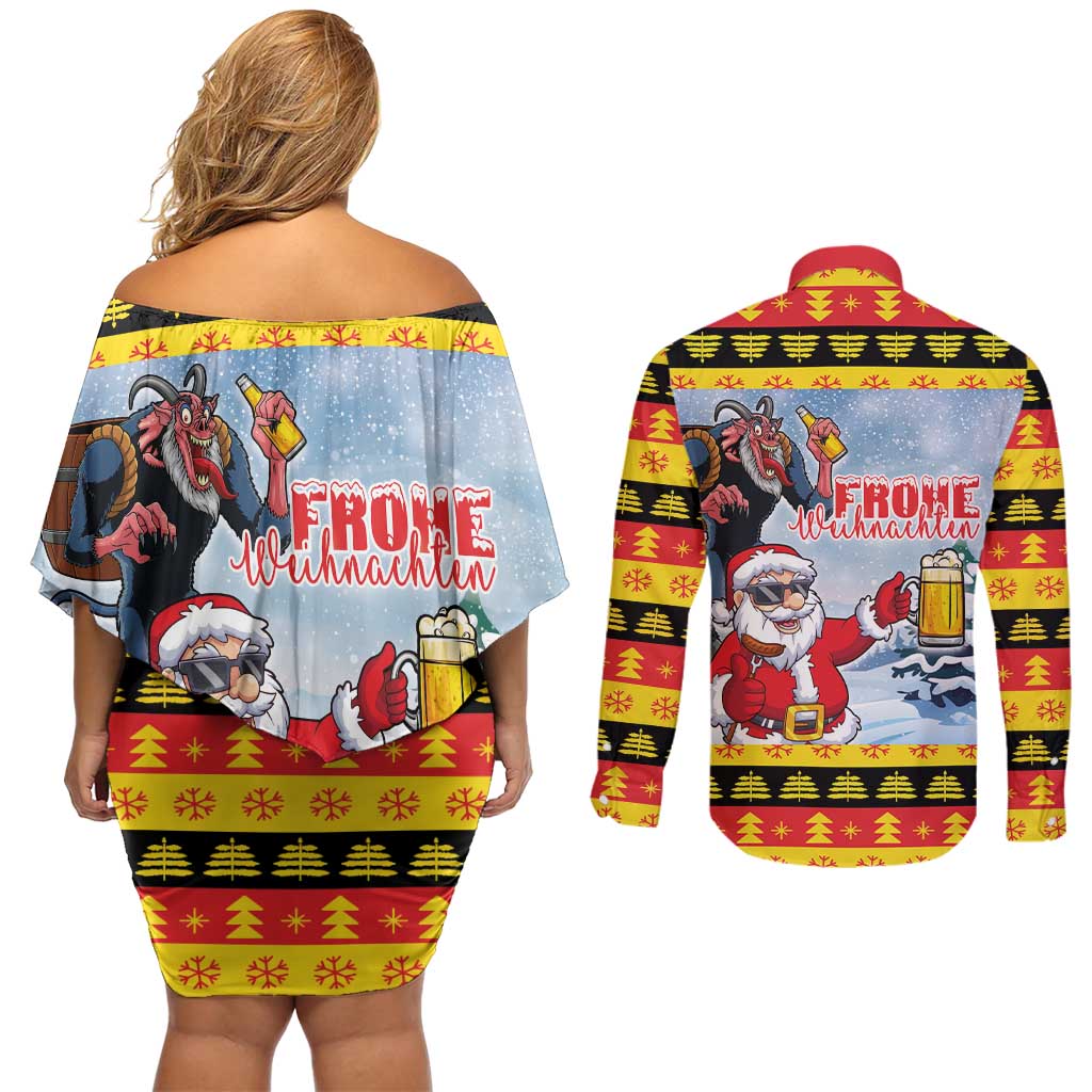 Deutschland Frohe Weihnachten Couples Matching Off Shoulder Short Dress and Long Sleeve Button Shirt Funny Der Weihnachtsmann and Krampus Drink Beer Together - Wonder Print Shop